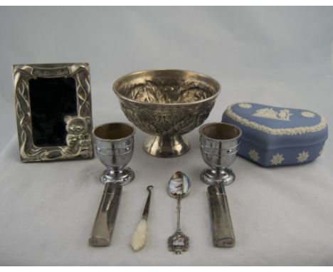 Mixed Lot To Include A Silver Plated Bowl, Photo Frame, 2 Egg Cups, Mother Of Pearl Handled Button Hook, Souvenir Spoon, Wedg