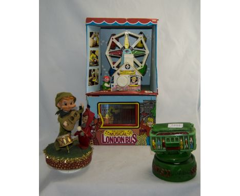 Fisher Price Music Box Ferris Wheel, Pull A Long Musical Bus, San Francisco Bus Ornament and Pinocchio Figure playing Jingle 