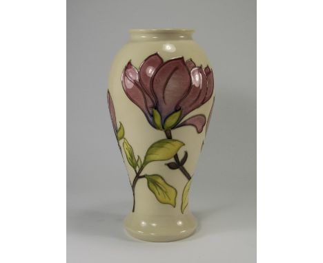 W. Moorcroft Monogrammed Large Tubelined Vase of Impressive Form ' Pink Magnolia ' Design on Ivory Ground. c.1970's. Monogram