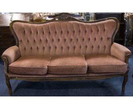 Italian 19thC Style Camel Back Sofa, Pink Upholstered Button Back With Cushion Seats. Wooden Frame.