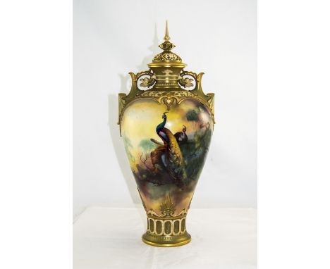 Royal Worcester Fine and Impressive Hand Painted Twin Handle Tall Vase and Cover ' Pheasants In a Woodland Setting ' Signed C