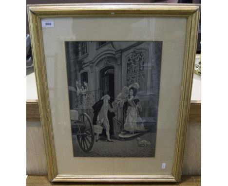 Late 19th/Early 20thC Stevengraph In Sepia Depicting Figures In A Courtyard, 17x12 Inches