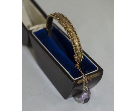 Edwardian - Ornate 9ct Gold Bangle with Attached Heart Shaped Large Amethyst. Hallmark Birmingham 1904. Comes Complete with O