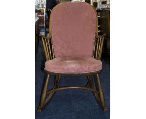 Ercol Rocking Chair With Padded Backrest And Cushion, Marked Ercol 2000 AD 0390 Golden Dawn