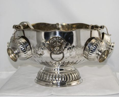 A Very Impressive and Quality Large Heavy Late Victorian Lion Masked Two Handle Silver Plate Punch Bowl, Complete with Matchi