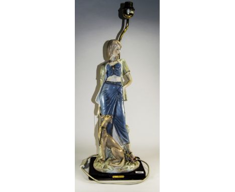 Large Figural Table Lamp, the porcelain figure showing a young lady dressed in pastel blue and green, with a seated greyhound