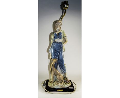 Large Figural Table Lamp, the porcelain figure showing a young lady dressed in pastel blue and green, with a seated greyhound