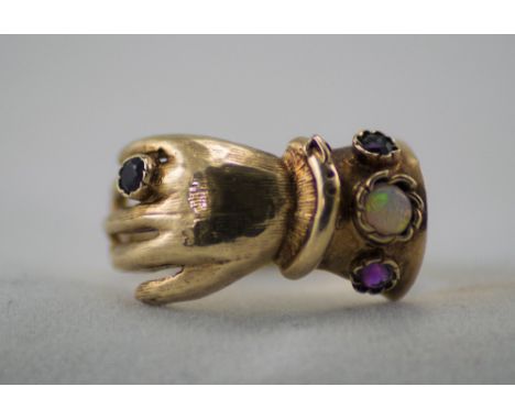 A Vintage and Unusual 9ct Gold Dress Ring, In The Form of a Hand, Set with Opal, Turquoise and Amethyst Stones. Fully Hallmar