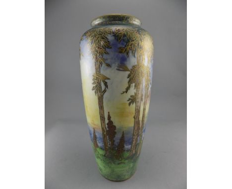 Royal Worcester Impressive Crown Ware Lustre Vase ' Castle on an Island ' Scenic Trees. Date 1925, CW 294. Stands 11 Inches H