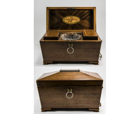 Georgian Rosewood Tea Caddy of Good Size, Having a Sarcophagus Form with Marquerty Inlay To Cover Raised on 4 Bracket Feet. T