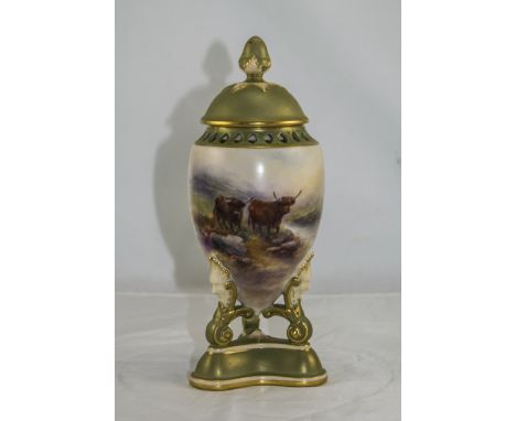 Royal Worcester Hand Painted Lidded Tripod Vase with Reticulated Border, Signed Harry Stinton, Highland Cattle. Date 1908. 8.