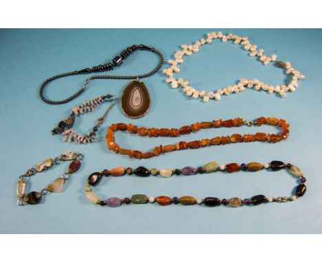 Collection of Gemstone Jewellery comprising a multi agate and quartz necklace, a cornelian necklace, a hematite necklace, an 