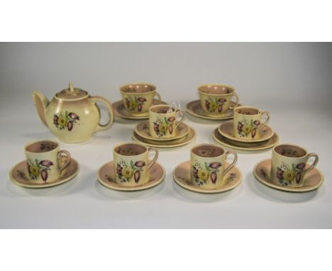 Susie Cooper Production 19 Piece Tea and Coffee Set, Made at Crown Noris Burslem ' Printemps ' Design. c.1930's. Comprises 6 