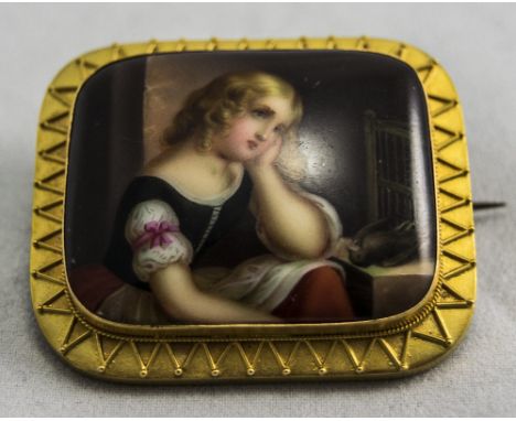 A 19th Century Very Fine Continental Hand Painted Ceramic Brooch /  Pendant within a High Ct Gold Frame. Not Marked but Tests