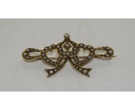 Victorian Gold Sweetheart brooch The Front In The Form Of 2 Hearts In Entwined Bow Set With Seed Pearls, Unmarked, Looks To B