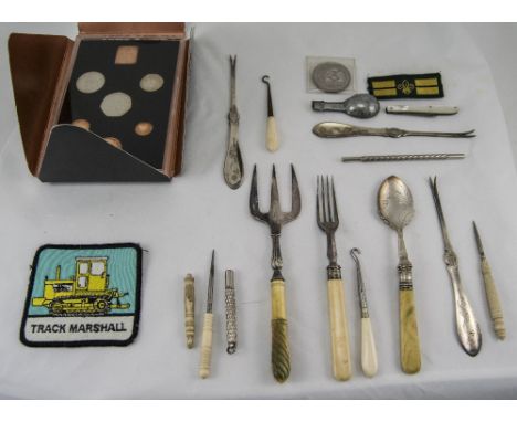 Small Mixed Lot Comprising Coins, Fruit Knife, Toast Fork, Lobster Picks Etc.