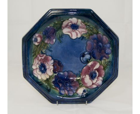 Moorcroft Octagonal 'Anemone' Pattern Bowl, pink, plum and purple flowers against a light to dark green band merging to dark 