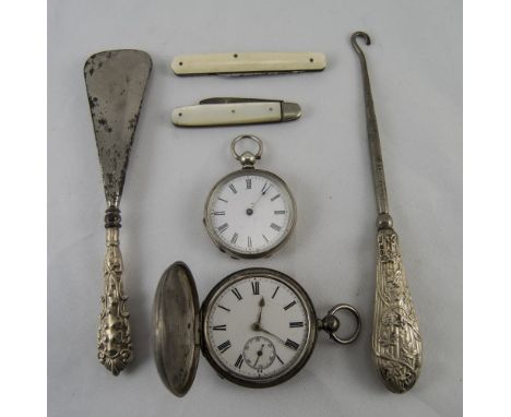 Small Mixed Lot Comprising Mother Of Pearl Handled Fruit Knife Plus One Other, 2 Pocket Watches, Silver Handled Shoe Horn And