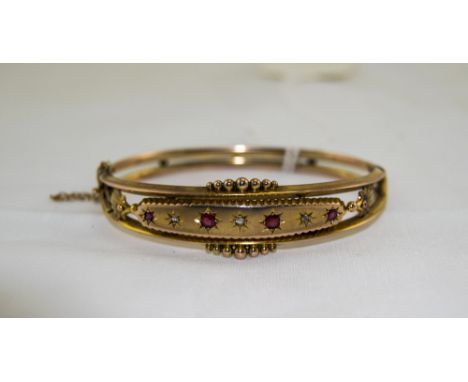 Victorian 9ct Gold Hinged Bangle The Front Set With Alternating Rubies And Rose Cut Diamonds In A Star Setting, Fully Hallmar