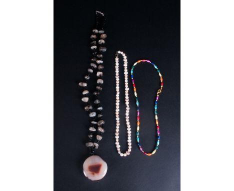 Grey/Brown Agate Pendant Necklace, fresh water pearl necklace and a multicolour dyed mother-of-pearl necklace(3)