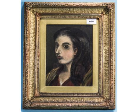 19thC Victorian Portrait of a young lady with shoulder length black hair. Unsigned and in original gilt period frame. 10.5 by