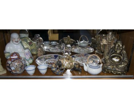 Collection Of Oriental Style Pottery Comprising 2 Laughing Buddha Figures, Geisha Girl Figure, 2 Cabinet Plates, Cork Carving