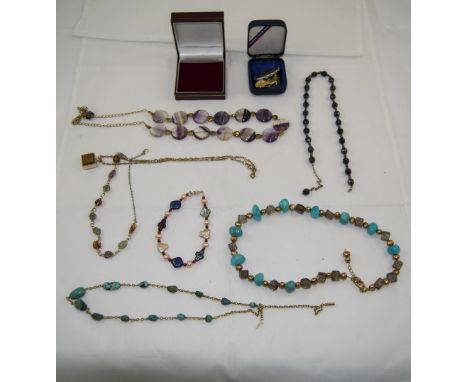 Collection of Gemstone Jewellery comprising purple fluorite necklace, dyed blue magnesite and smoky quartz necklace, small tu