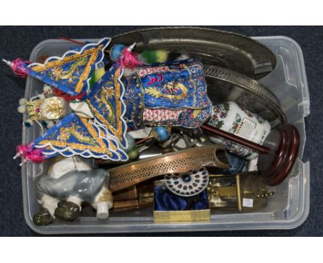 Mixed Box Of Collectables And Oddments Comprising Gallery Tray, Candelabra, Modern Carriage Clock Etc