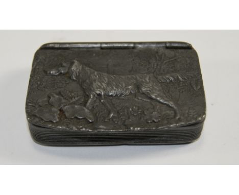 Antique W & Co of Sharrow Pewter Lidded Snuff Box, Decorated In High Relief with The Image of a Hunting Dog and Hunter to Cov