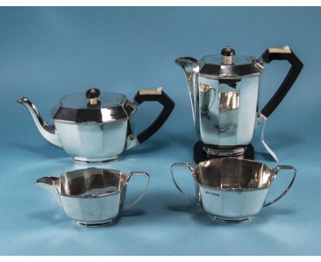 Art Deco Fine Quality 4 Piece Silver Coffee and Tea Service, The Handles of Ebony and Ivory. Hallmark Sheffield 1943, Makers 