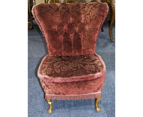 Early 20thC Bedroom Chair, Button Back Padded Seat Raised On Short Cabriole Legs, Height 30 Inches