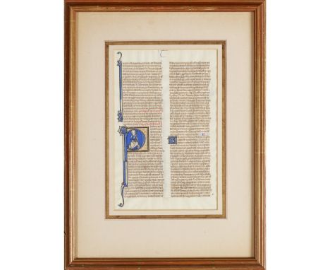 Illuminated leaf,extract of the Second Epistle of St. Paul to Timothy, double column, Latin text, with capital P incorporatin