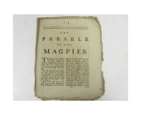 [Bradshaw, William - English Civil War Allegory][drop head title:] The Parable of the Magpies [colophon:] Printed for B. Grif