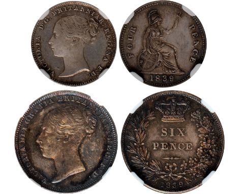 British Coins, Victoria, proof sixpence; groat, 1839, both plain edge and struck en médaille, young head l., rev. value withi