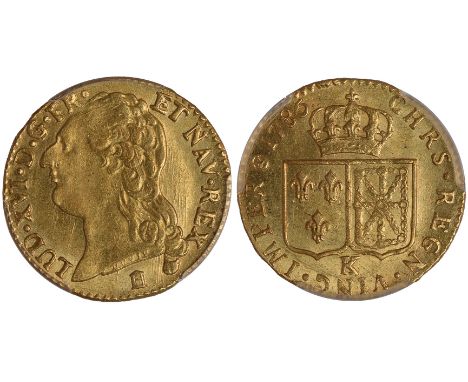 World Coins, France, Louis XVI, louis d’or à la tête nue, 1786K, Bordeaux, 1st semestre, no dot under D, bare head l., rev. c