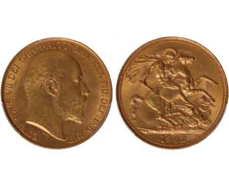 British Coins, Edward VII, two pounds, 1902, head r., rev. St. George and the dragon (S.3967), certified and graded by PCGS a