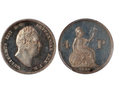 British Coins, William IV, pattern groat, 1836, plain edge, bare head r., rev. Britannia std. r., with shield and trident, fl