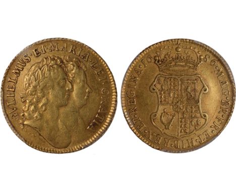 British Coins, William and Mary, guinea, 1689, later harp, conjoined laur. busts r., rev. crowned shield of arms (S.3426), ce