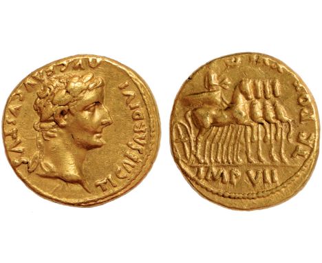 Ancient Coins, Roman Coins, Tiberius, aureus (AD 14-37), TI CAESAR DIVI AVG F AVGVSTVS, laur. head r., rev. TR POT XVI, Tiber