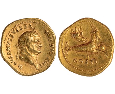 Ancient Coins, Roman Coins, Vespasian (AD 69-79), aureus, IMP CAESAR VESPASIANVS AVG, laur. head r., rev. COS VI, Capricorn w