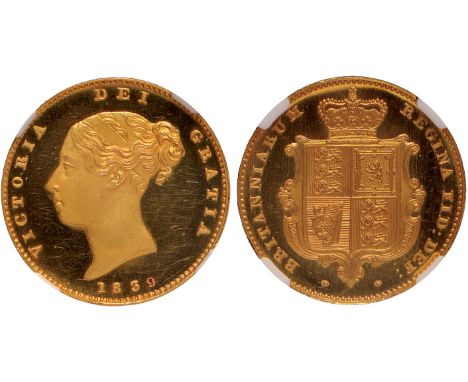 British Coins, Victoria, proof half sovereign, 1839, plain edge, young head l., rev. crowned garnished shield of arms, struck