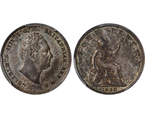 British Coins, William IV, pattern groat, 1836, plain edge, bare head r., rev. Britannia std. r., with shield and trident (S.