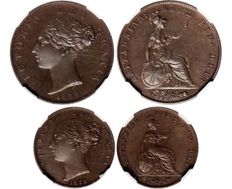 British Coins, Victoria, proof halfpenny; farthing, 1839, in bronzed copper, plain edge, young head l., rev. Britannia std. r