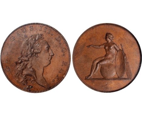 British Coins, George III, pattern halfpenny, in bronzed copper, undated, toothed border, narrow rim, laur. bust r., small ea