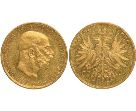 World Coins, Austria, Franz Joseph, 100 corona, 1909, bare head r., rev. crowned double-headed eagle (KM.2819; Fr.507), sligh