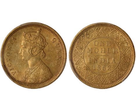 World Coins, India, Victoria, mohur, 1862(c), V on bust and one flower in bottom panel, crowned bust l., rev. value, country 