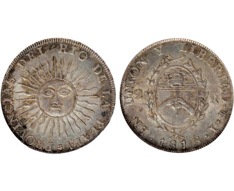 Foreign Coins, Argentina, Provincias del Rio de la Plata, 2 reales, 1813J, Potosi mint, radiant sun with face, rev. arms with