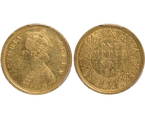 World Coins, India, Victoria, mohur, 1862(c), V on bust and two flowers in bottom panel, crowned bust l., rev. value, country