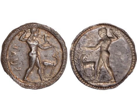 Ancient Coins, Greek Coins, Bruttium, Kaulonia (525-500 BC), silver nomos, KAVΛ to l., Apollo advancing r., holding branch al
