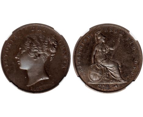 British Coins, Victoria, proof penny, 1839, in bronzed copper, plain edge, young head l., rev. Britannia std. r. with shield 